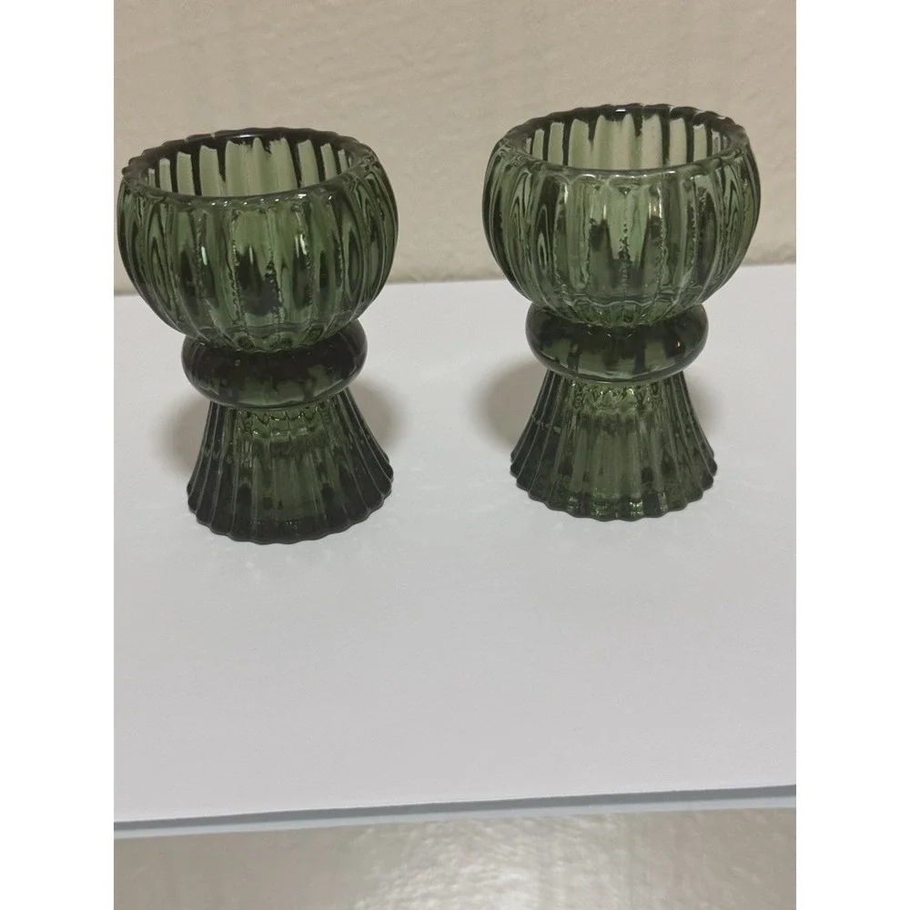 Green Ribbed Glass Candle Holders Glossy Decorative Tea Light Pair